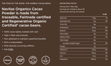 Close-up of the back label showing nutrition facts and ingredients on the black cacao powder pouch.

