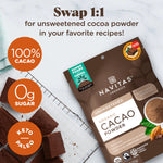 Navitas Cacao Powder next to a bowl of cacao-based smoothie topped with fruits and seeds.