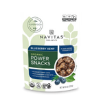 Healthy snacking concept featuring Navitas Organics Blueberry Hemp Power Snacks with chia and acai icons

