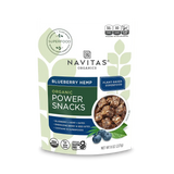 Healthy snacking concept featuring Navitas Organics Blueberry Hemp Power Snacks with chia and acai icons

