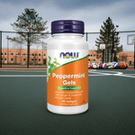 NOW Foods Peppermint Oil Enteric Softgels bottle with natural background – 90 capsules for digestive and IBS support

