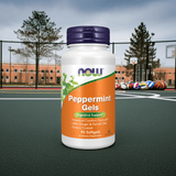NOW Foods Peppermint Oil Enteric Softgels bottle with natural background – 90 capsules for digestive and IBS support

