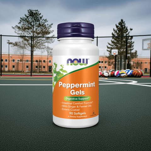 NOW Foods Peppermint Oil Enteric Softgels bottle with natural background – 90 capsules for digestive and IBS support

