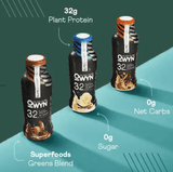 OWYN 32g Protein Shake bottles in various flavors including Vanilla, Chocolate, and Cookies & Cream on a teal background.
