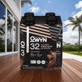 OWYN Chocolate Plant-Based Protein Shake with tropical palm trees, promoting a clean, keto-friendly lifestyle.
