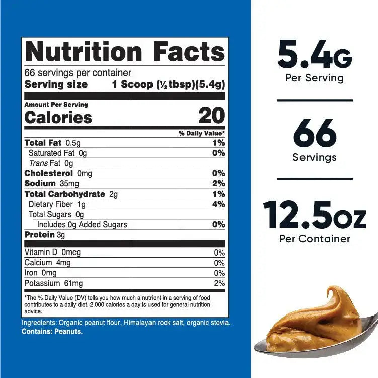 Nutricost Organic Peanut Butter Powder nutrition facts panel highlighting 5.4g serving size, 20 calories, 3g protein, and clean ingredient list.