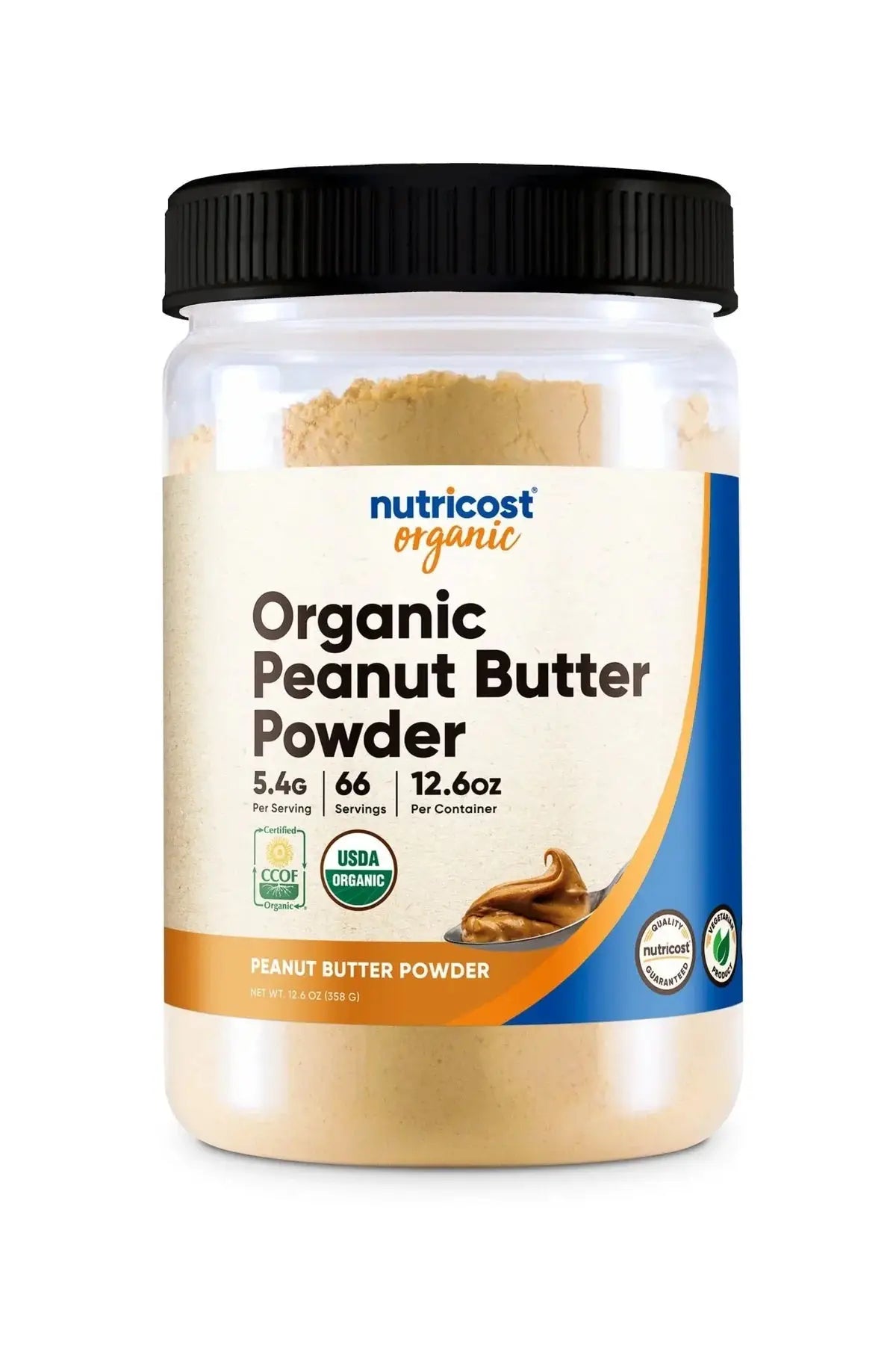 Front label of Nutricost Organic Peanut Butter Powder showing 12.6oz container, 66 servings, and USDA Organic and Non-GMO certifications.