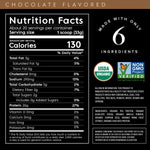 Nutrition facts of Truvani Chocolate Brownie Batter Protein, highlighting 6 clean ingredients and USDA Organic certification.