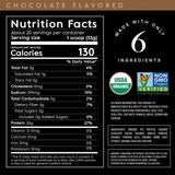 Nutrition facts of Truvani Chocolate Brownie Batter Protein, highlighting 6 clean ingredients and USDA Organic certification.