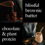 Chocolate spoon and protein shake with the text: “Blissful Brownie Batter – Chocolate & Plant Protein.”