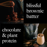 Chocolate spoon and protein shake with the text: “Blissful Brownie Batter – Chocolate & Plant Protein.”