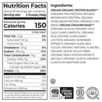 "Detailed nutrition label of Orgain Organic Plant-Based Protein Powder Creamy Chocolate, 150 calories per serving."

