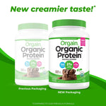 "Orgain Organic Protein Powder – New creamier taste promotional image with chocolate and vanilla flavors."

