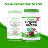 "Orgain Organic Protein Powder – New creamier taste promotional image with chocolate and vanilla flavors."

