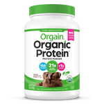 "Orgain Organic Plant-Based Protein Powder Creamy Chocolate Fudge – Front label with green and pink design, vegan protein powder, 21g protein per serving."
