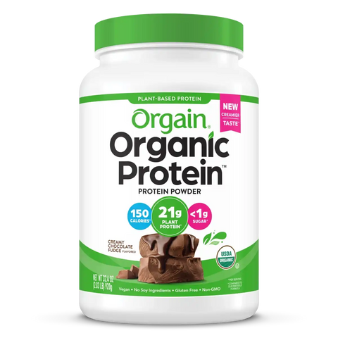 "Orgain Organic Plant-Based Protein Powder Creamy Chocolate Fudge – Front label with green and pink design, vegan protein powder, 21g protein per serving."

