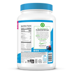 Nutrition facts and ingredients of Organic Vanilla Bean Plant Protein Powder with 21g protein, prebiotics, and fiber per serving.

