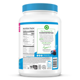 Nutrition facts and ingredients of Organic Vanilla Bean Plant Protein Powder with 21g protein, prebiotics, and fiber per serving.

