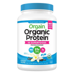 Organic plant-based protein powder Vanilla Bean flavor – 21g protein and 50 superfoods, USDA certified, vegan, gluten-free, low sugar.
