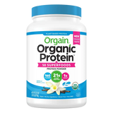 Organic plant-based protein powder Vanilla Bean flavor – 21g protein and 50 superfoods, USDA certified, vegan, gluten-free, low sugar.