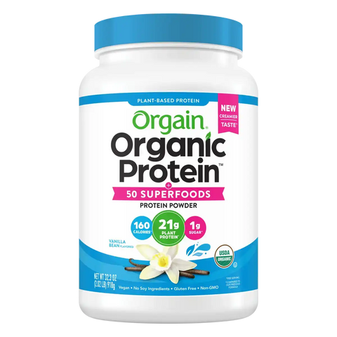 Organic plant-based protein powder Vanilla Bean flavor – 21g protein and 50 superfoods, USDA certified, vegan, gluten-free, low sugar.