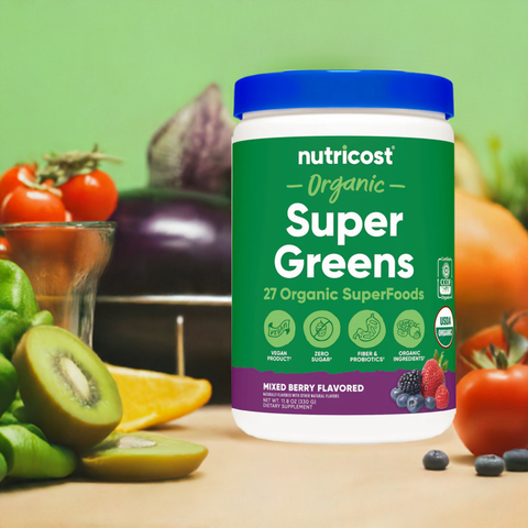 Nutricost Organic Super Greens Powder with fresh fruits.