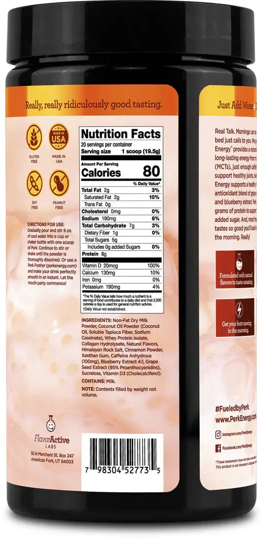 Back label of Perk Energy Original Horchata showing nutrition facts and ingredients. A low-calorie energy drink with vitamins and natural antioxidants.