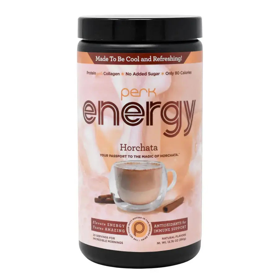 Front view of Perk Energy Original Horchata container. A healthy energy drink with protein, collagen, and antioxidants for immune support.