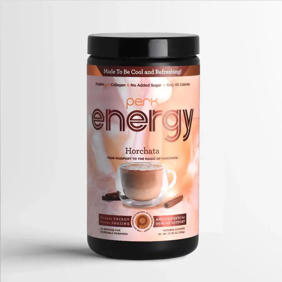 Perk Energy Original Horchata product on white background. Morning energy boost with cinnamon rice flavor, collagen, and immune support benefits.