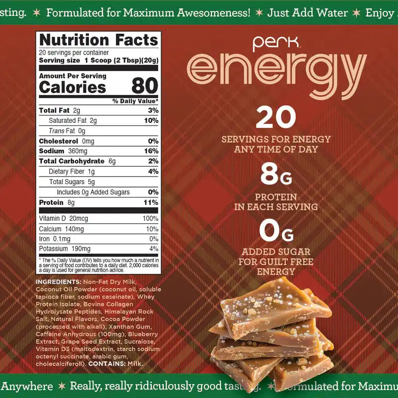 Nutrition facts and benefits of Perk Energy Protein + Collagen Drink, highlighting 8g protein, 0g added sugar, and 20 servings per container.