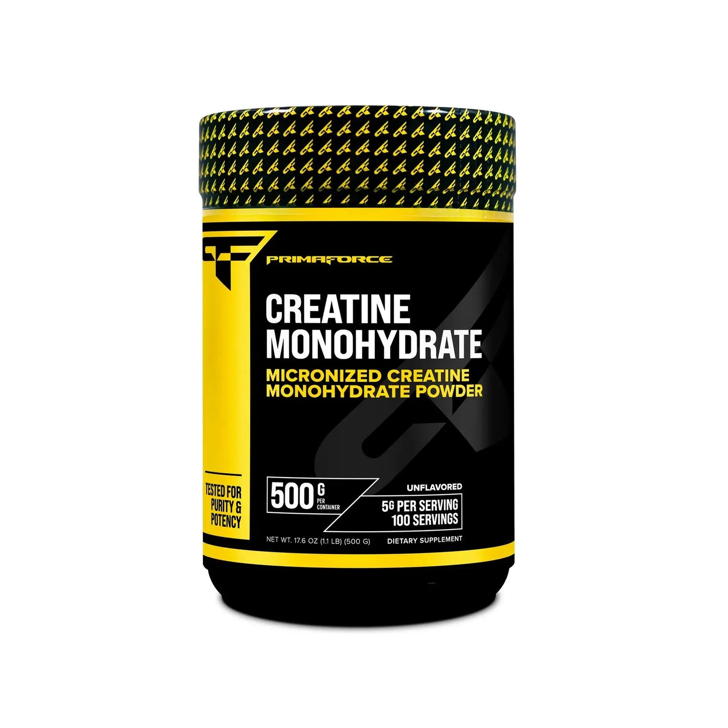 Small-sized Build Fast Formula Creatine Monohydrate supplement jar with black and yellow packaging on white background.