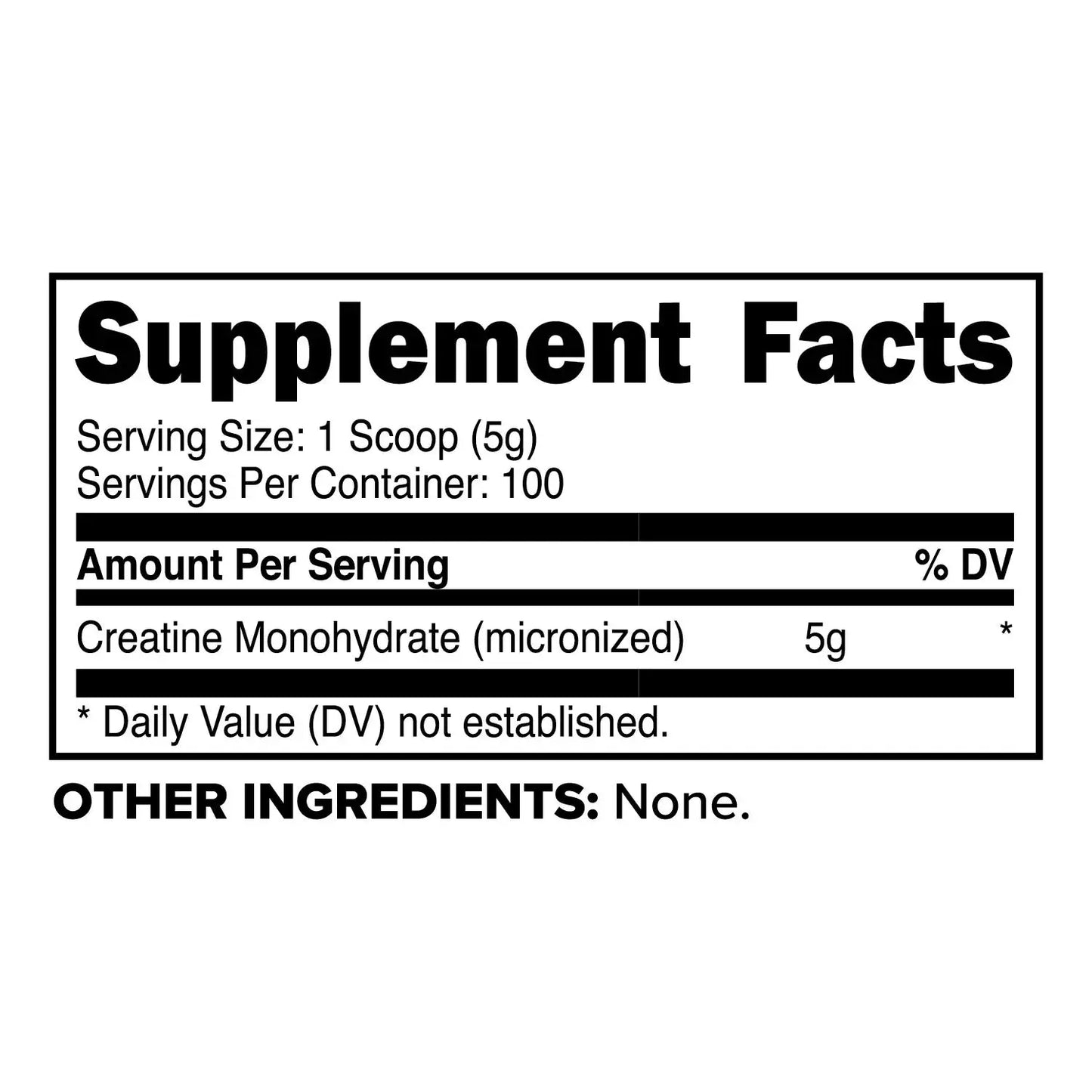 Close-up label of Creatine Monohydrate micronized formula with 5g per serving, ideal for muscle strength and performance.