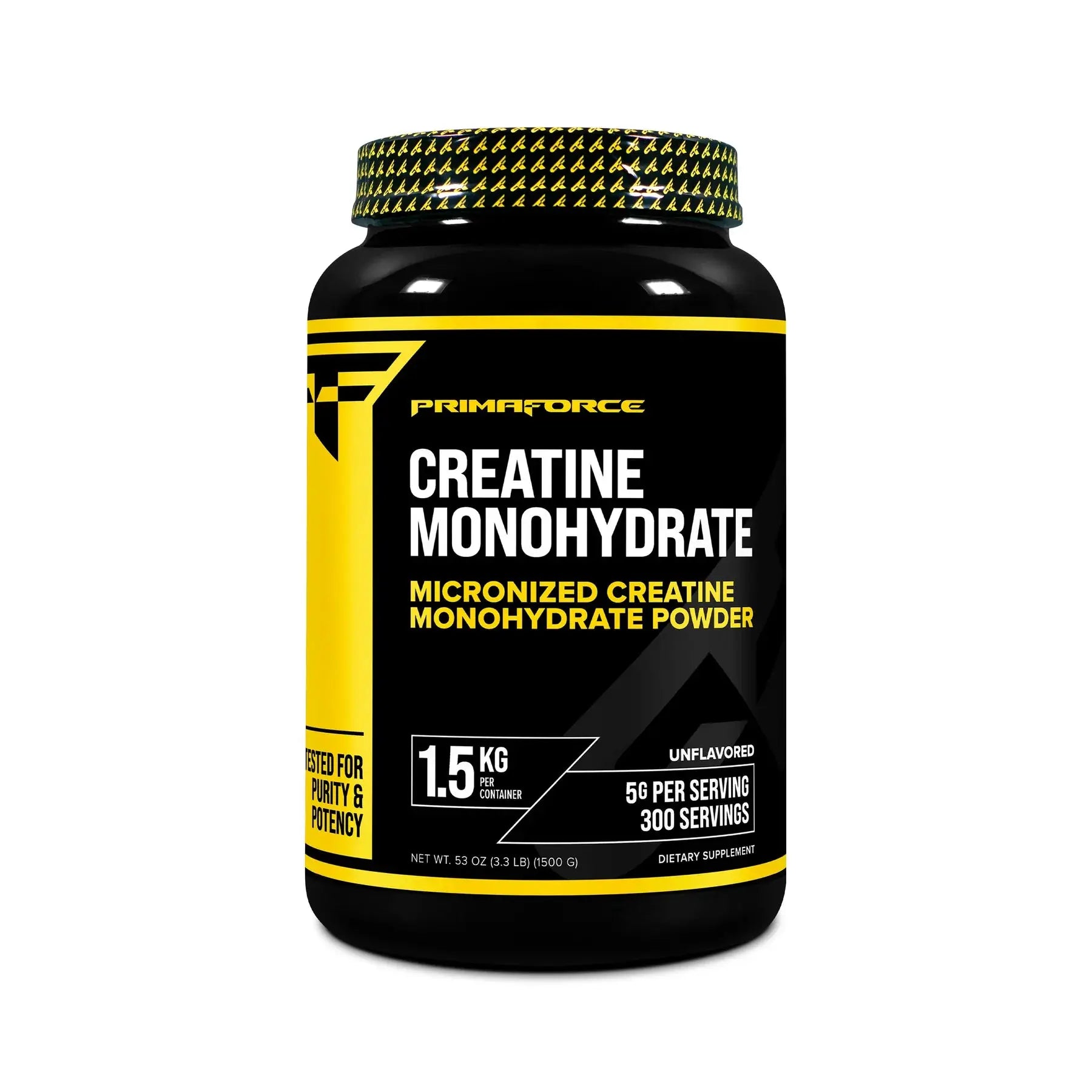 Pure Creatine Monohydrate supplement jar with yellow and black label on white background, ideal for muscle growth and recovery.