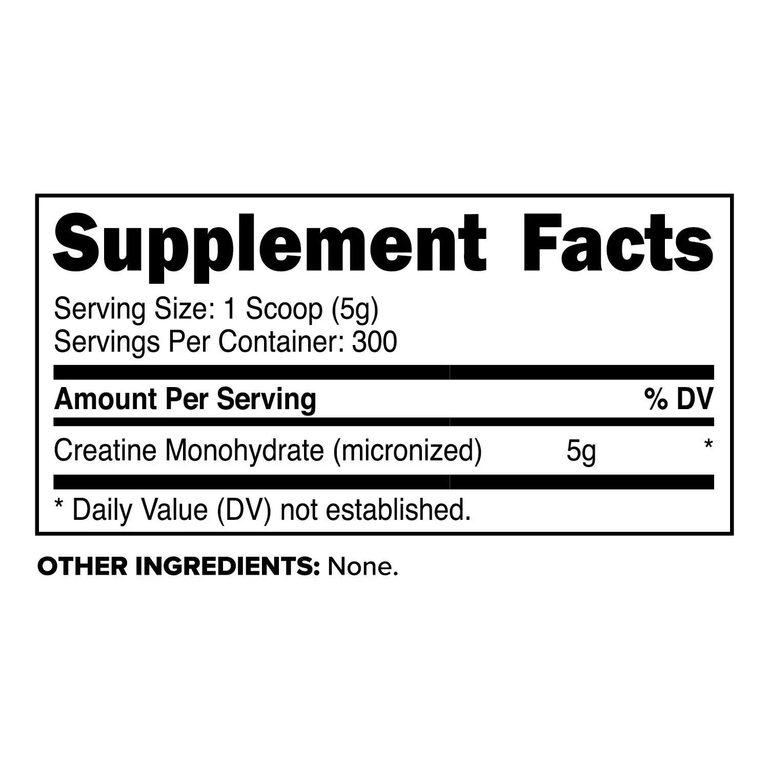 Supplement Facts panel for Creatine Monohydrate 100% Pure Micronized, displaying dosage and purity details.