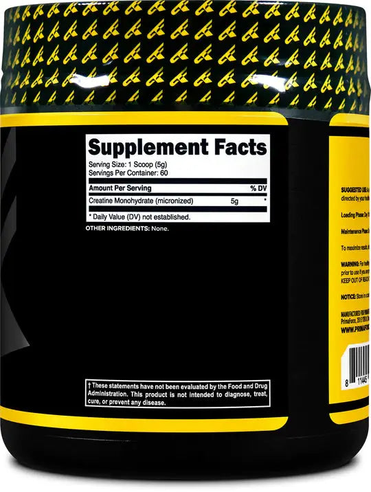 Rear view of Build Fast Formula Creatine Monohydrate jar showing supplement facts and daily dosage information.