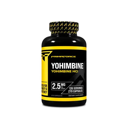 PrimaForce Yohimbine HCl 2.5 MG 270-capsule bottle, high-potency supplement for weight loss, energy, and sexual performance.