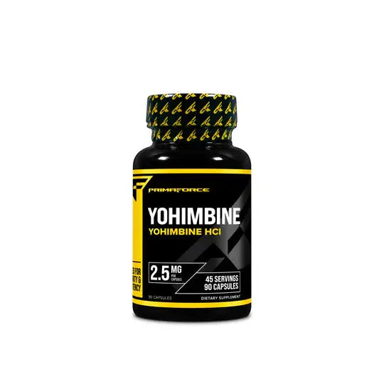 PrimaForce Yohimbine HCl 2.5 MG 90-capsule bottle, a dietary supplement for fat burning, stamina, and wellness support.