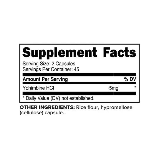 Supplement facts label for PrimaForce Yohimbine HCl 2.5 MG, showing 5mg per serving with rice flour and cellulose capsule ingredients.