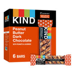KIND Peanut Butter Dark Chocolate Bars 6-count retail packaging with visible bar showing peanuts and dark chocolate, gluten-free and protein-rich.