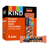KIND Peanut Butter Dark Chocolate Bars 6-count retail packaging with visible bar showing peanuts and dark chocolate, gluten-free and protein-rich.