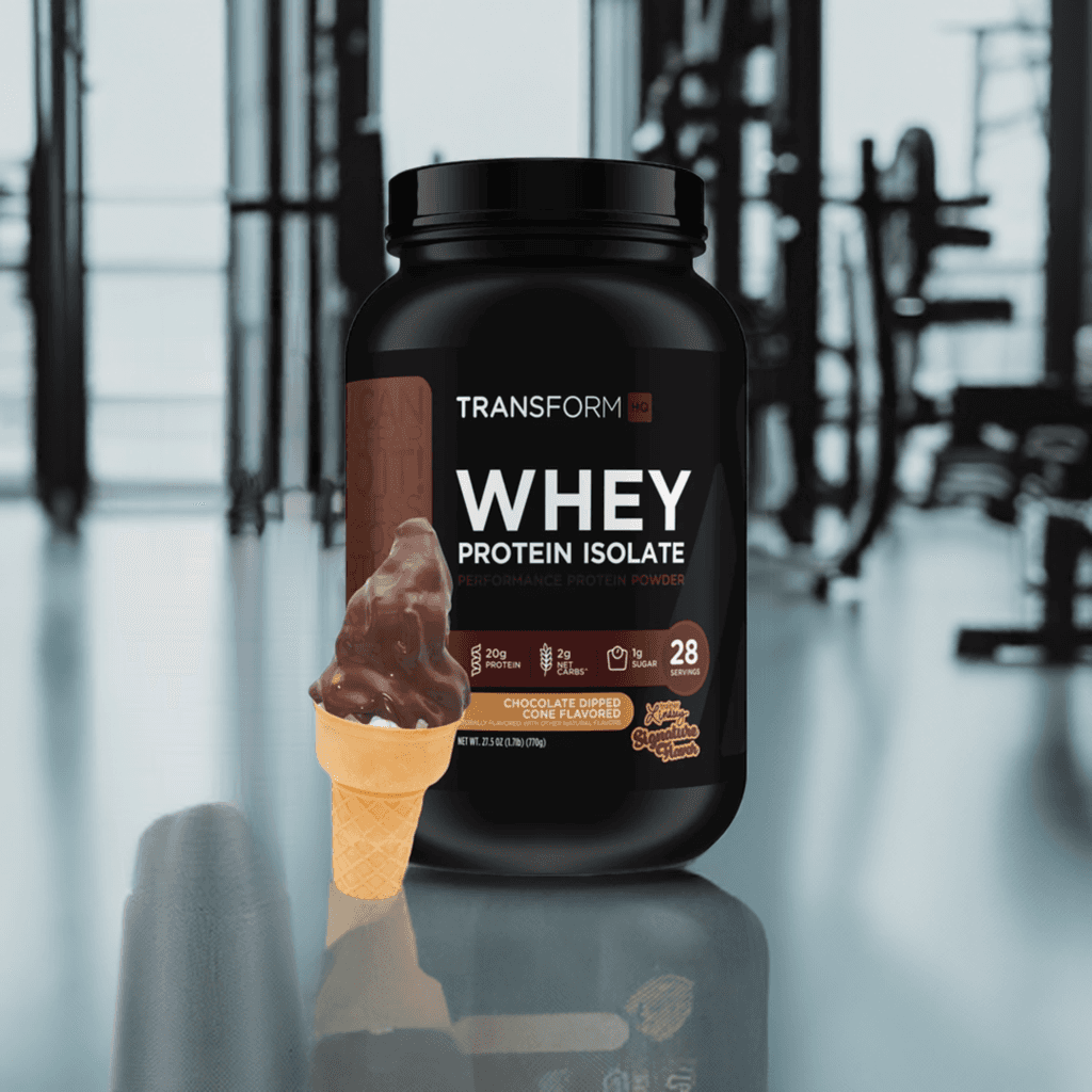 Perform Whey Protein Isolate, Chocolate Dipped Cone, gym background