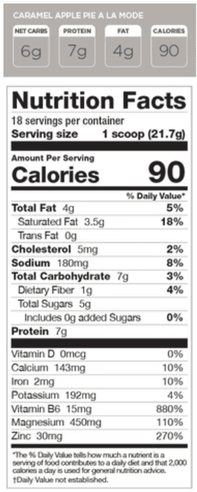Nutrition facts for Perk Chill Caramel Apple Pie A la Mode, showing 90 calories, 7g protein, and key vitamins for sleep and muscle recovery.