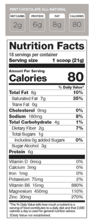 Nutrition label for Perk Energy Chill Mint Chocolate showing 80 calories per serving, 8g fat, 6g protein, and key nutrients like magnesium and vitamin B6.