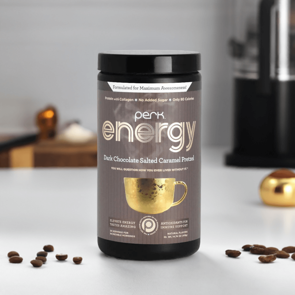 Perk Energy Original Dark Chocolate Salted Caramel Pretzel nutrition drink with collagen, no added sugar, and antioxidant support in 20-serving container.