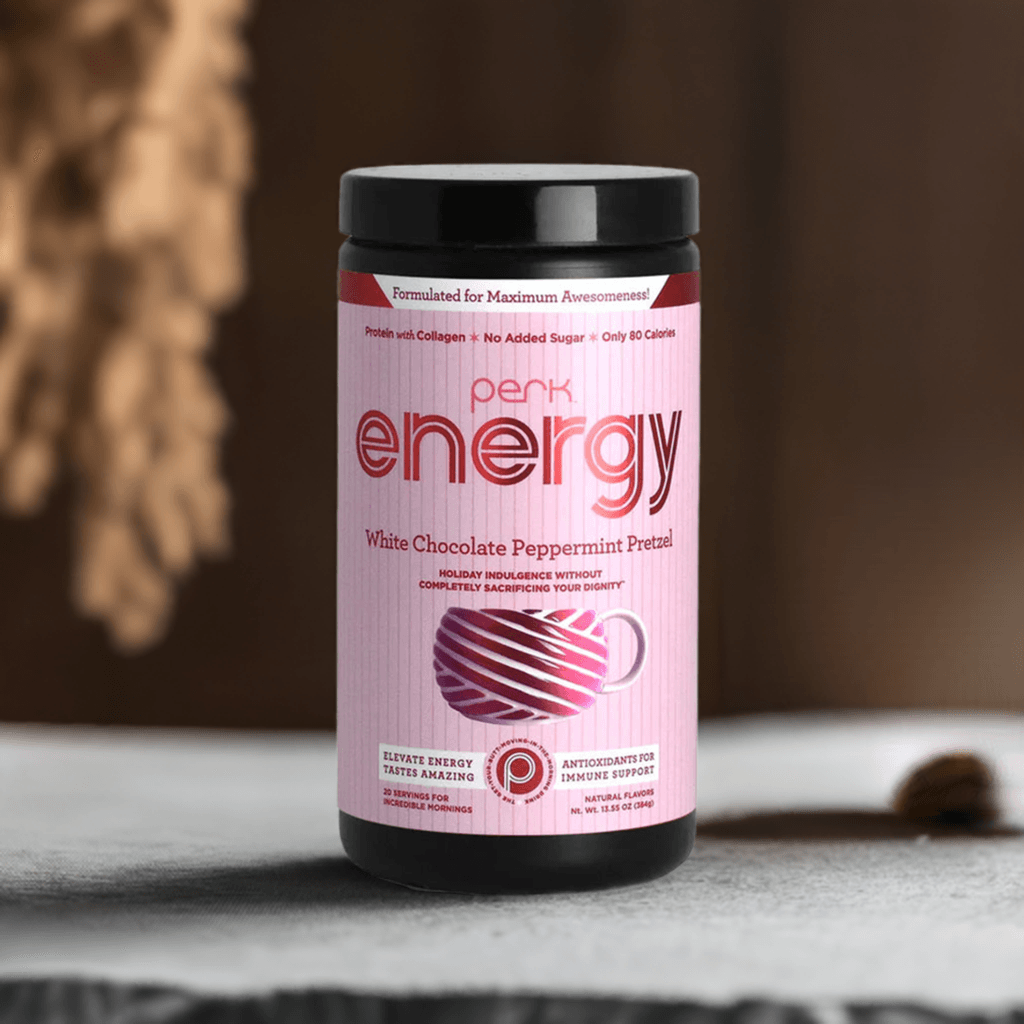 Perk Energy Original - Peppermint Protein Drink in festive white chocolate peppermint pretzel flavor. Features collagen, 80 calories, and no added sugar.