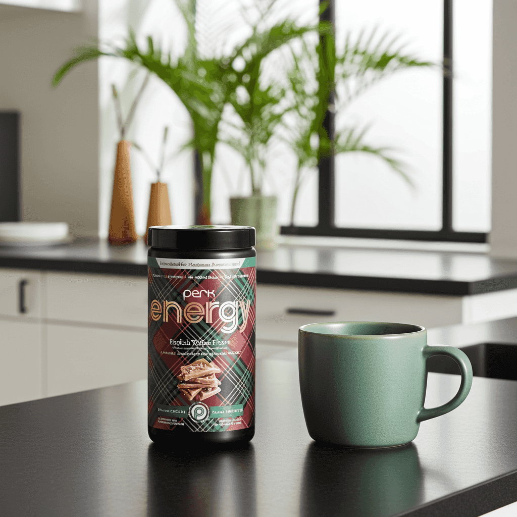 Perk Energy Protein + Collagen Drink in English Toffee flavor placed on a modern kitchen counter next to a green mug, ideal for daily energy boost.