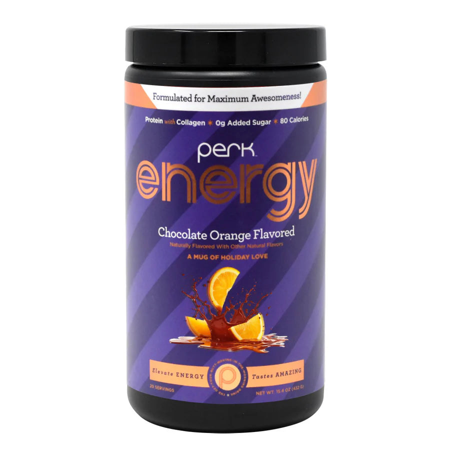 Front view of Energy Chocolate Orange-Boost Drink container, 20 servings, emphasizing collagen, caffeine, and no added sugar.