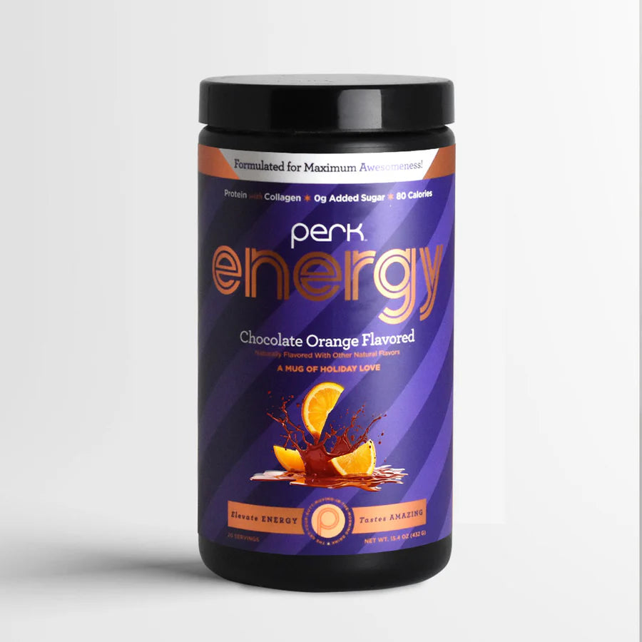 Energy Chocolate Orange-Boost Drink, 20 servings, in a clean white studio background highlighting its protein and caffeine benefits.