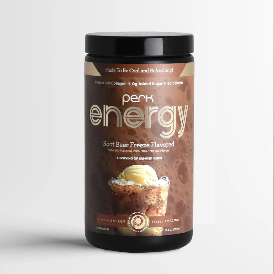 Studio shot of Perk Energy Root Beer Drink with 20 servings, highlighting its collagen protein, zero added sugar, and 100mg caffeine per scoop.
