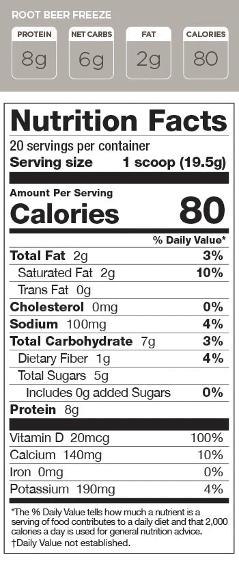 Nutrition label for Perk Energy Root Beer Drink showing 80 calories, 8g protein, and 100mg caffeine per serving for energy and wellness benefits.